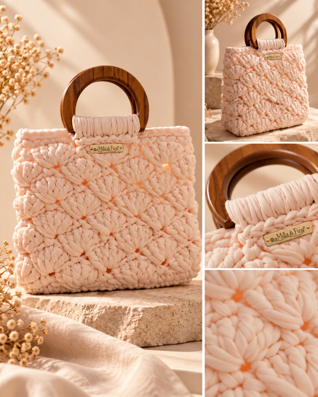 Bolsa de crochê creme: os pontos em relevo, a alça de madeira e os detalhes vistos de perto